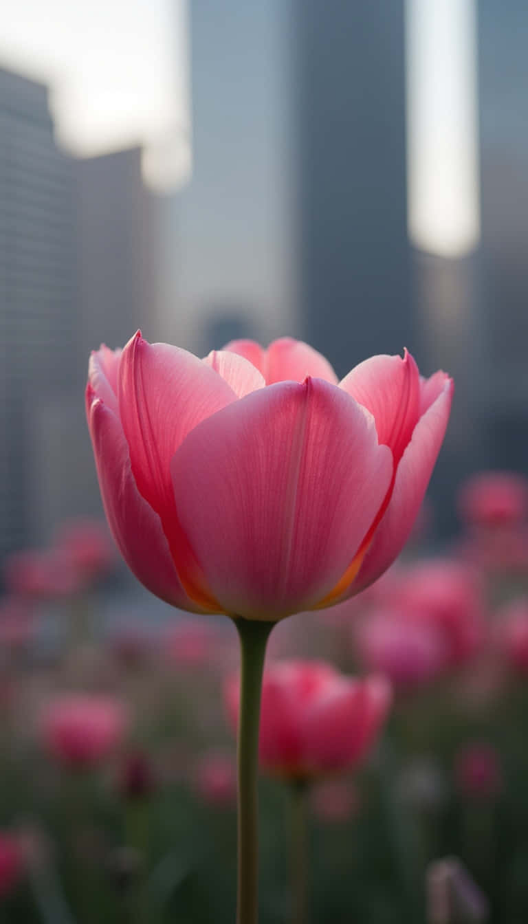 一朵盛開的粉紅色鬱金香，背景是模糊的城市建築。