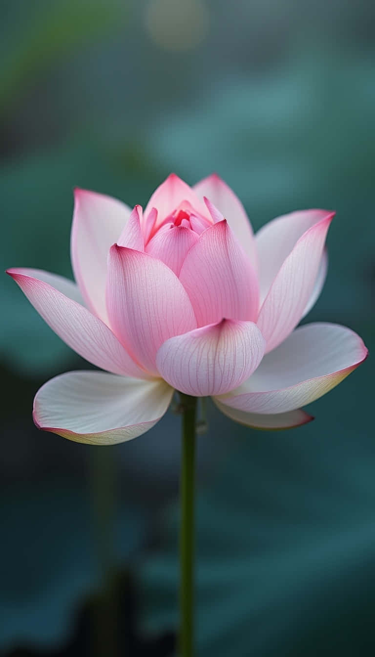 一朵粉紅蓮花在模糊的綠色背景下盛開，花瓣柔軟。