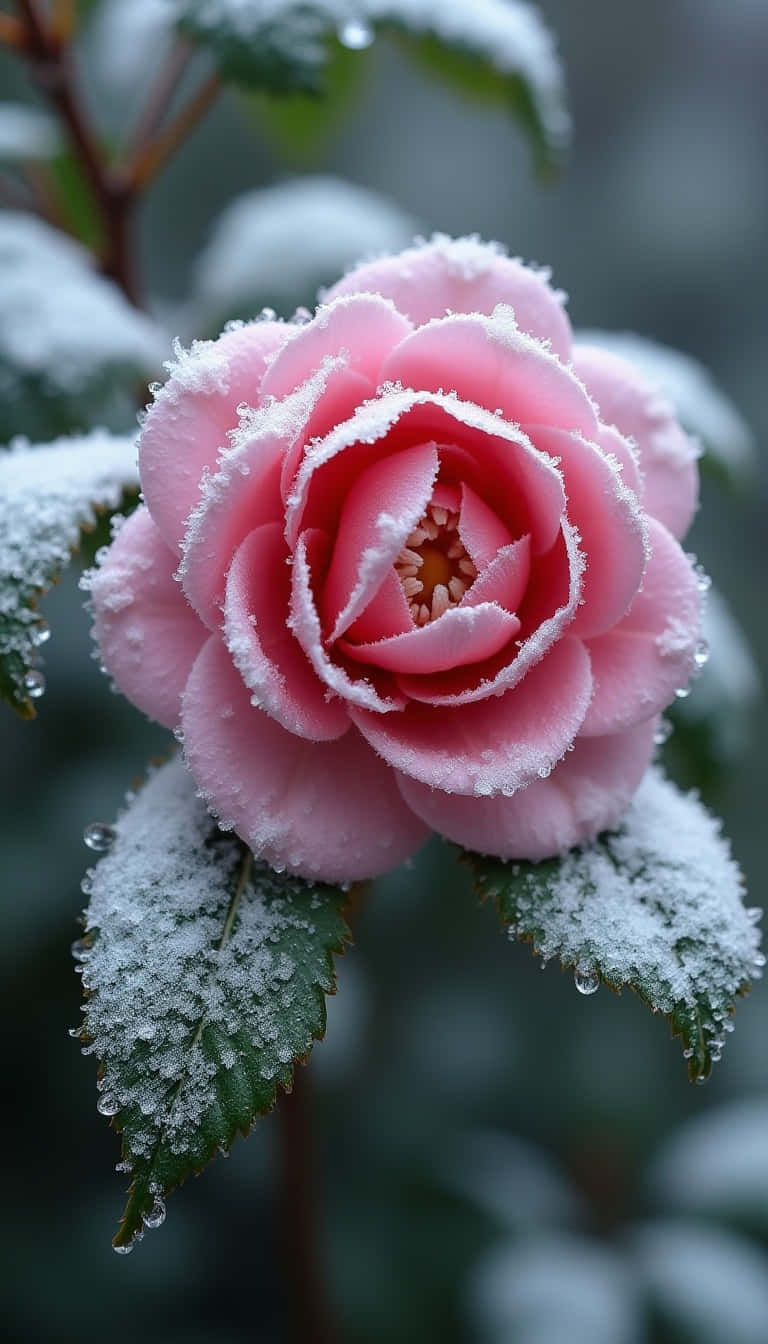 冬季花園中花瓣和葉子上帶有霜和露水的粉紅玫瑰