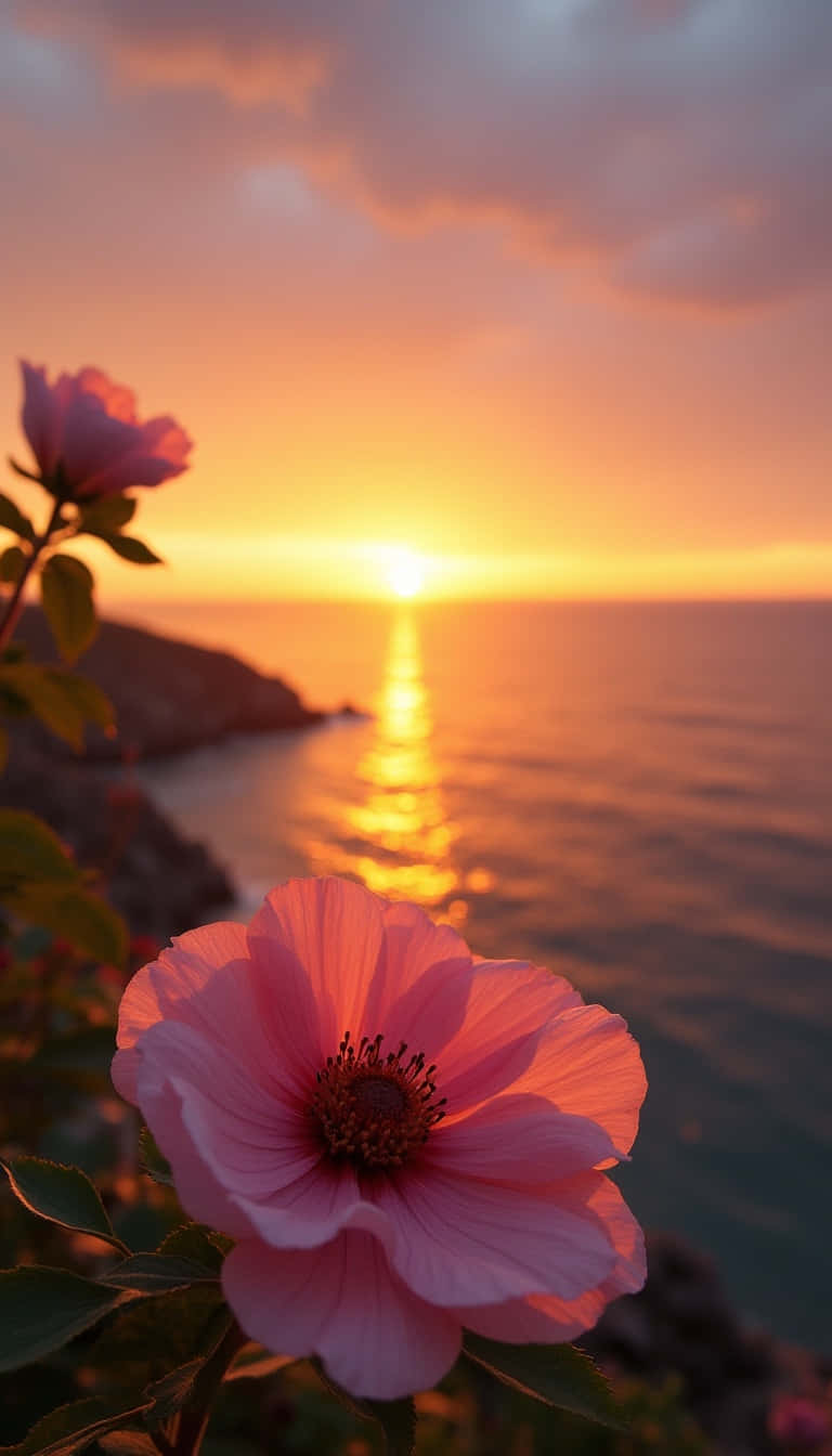 海洋日落前的粉紅玫瑰，金色光線反射在水面上
