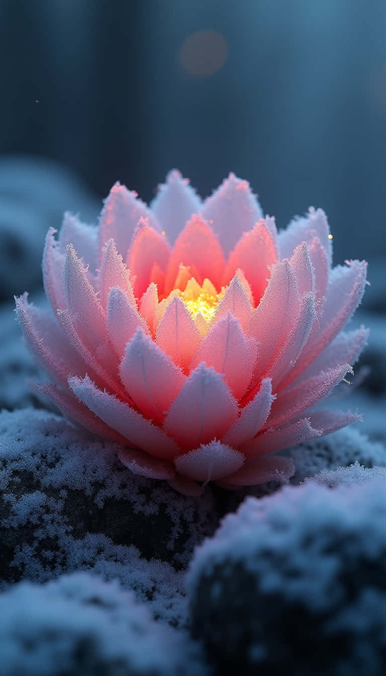 一朵發光的粉紅色蓮花覆蓋著霜，在冬天的雪地上。