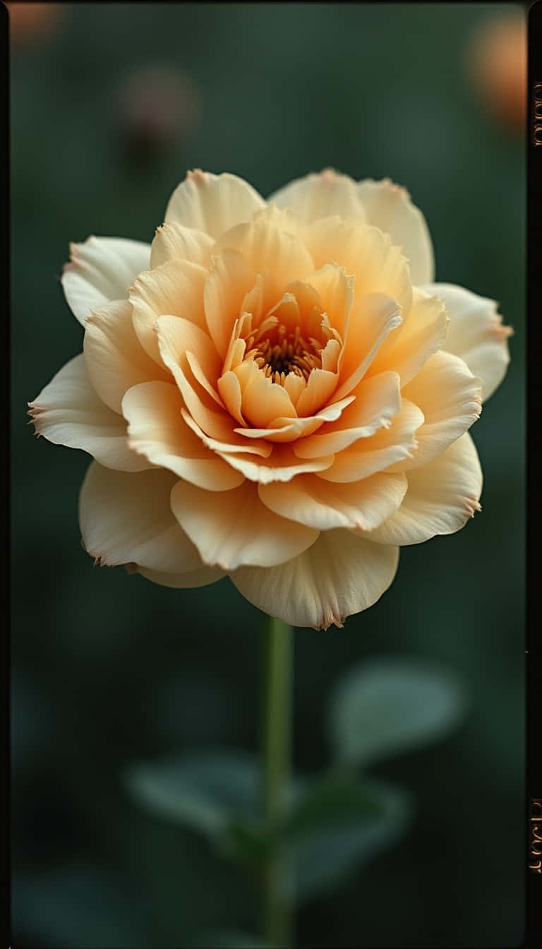 盛開的蜜桃玫瑰，花瓣柔軟，背景為深綠色模糊。