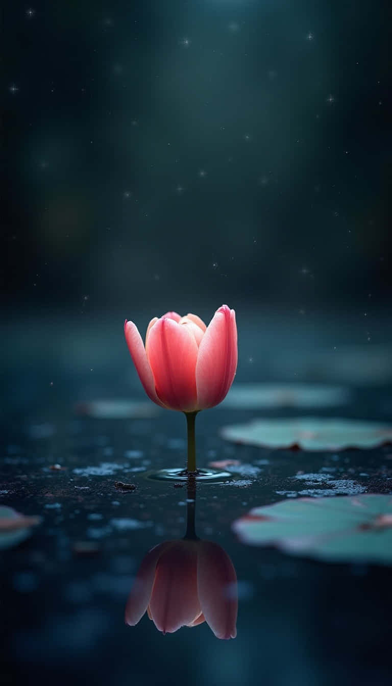 粉紅色鬱金香漂浮在暗水中，有倒影和睡蓮葉，在星空下