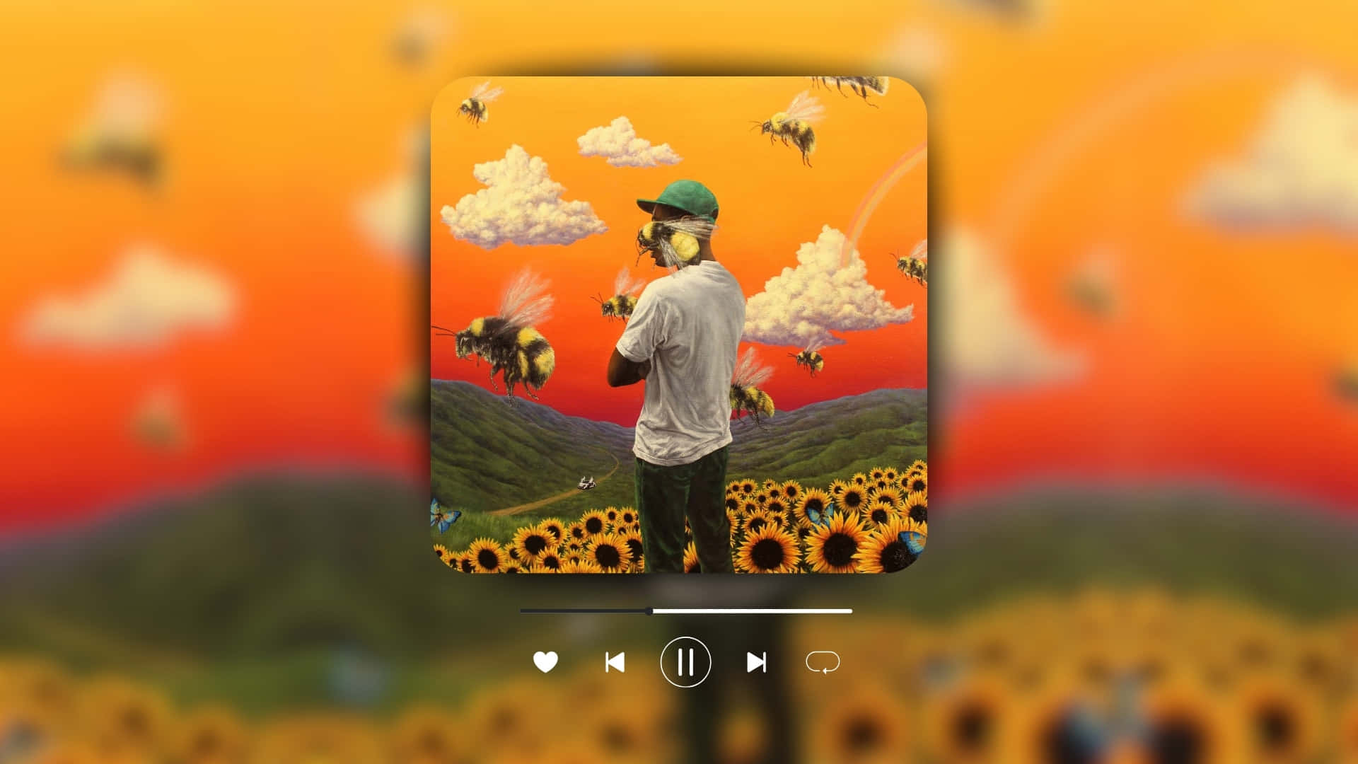 Flower Boy 專輯封面 壁紙 — 一個戴綠色帽嘅男人企喺向日葵田入面，蜜蜂喺佢周圍飛，背景係充滿活力嘅橙色日落天空同 fluffy 雲。