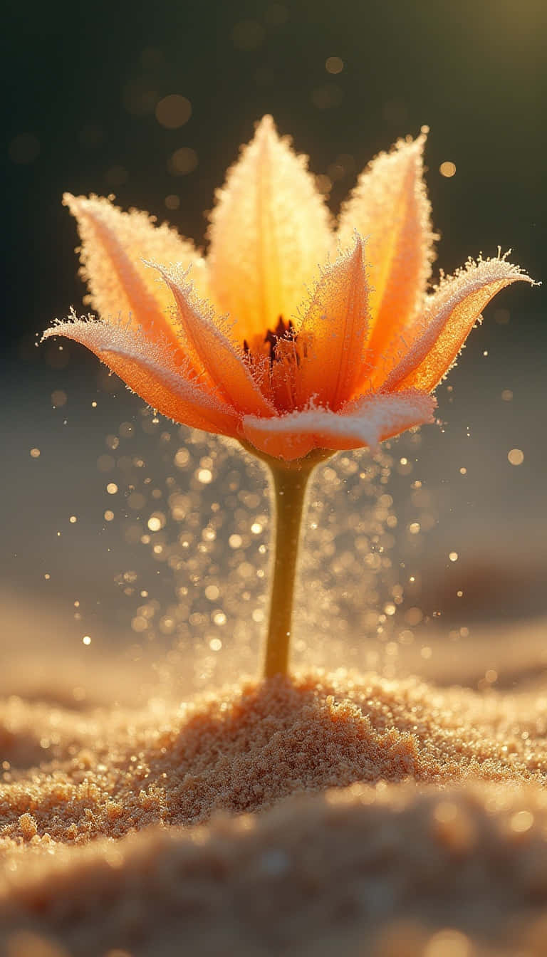 一朵帶有霜狀花瓣的橙色花朵從沙中長出，周圍有旋轉的金色塵埃粒子。