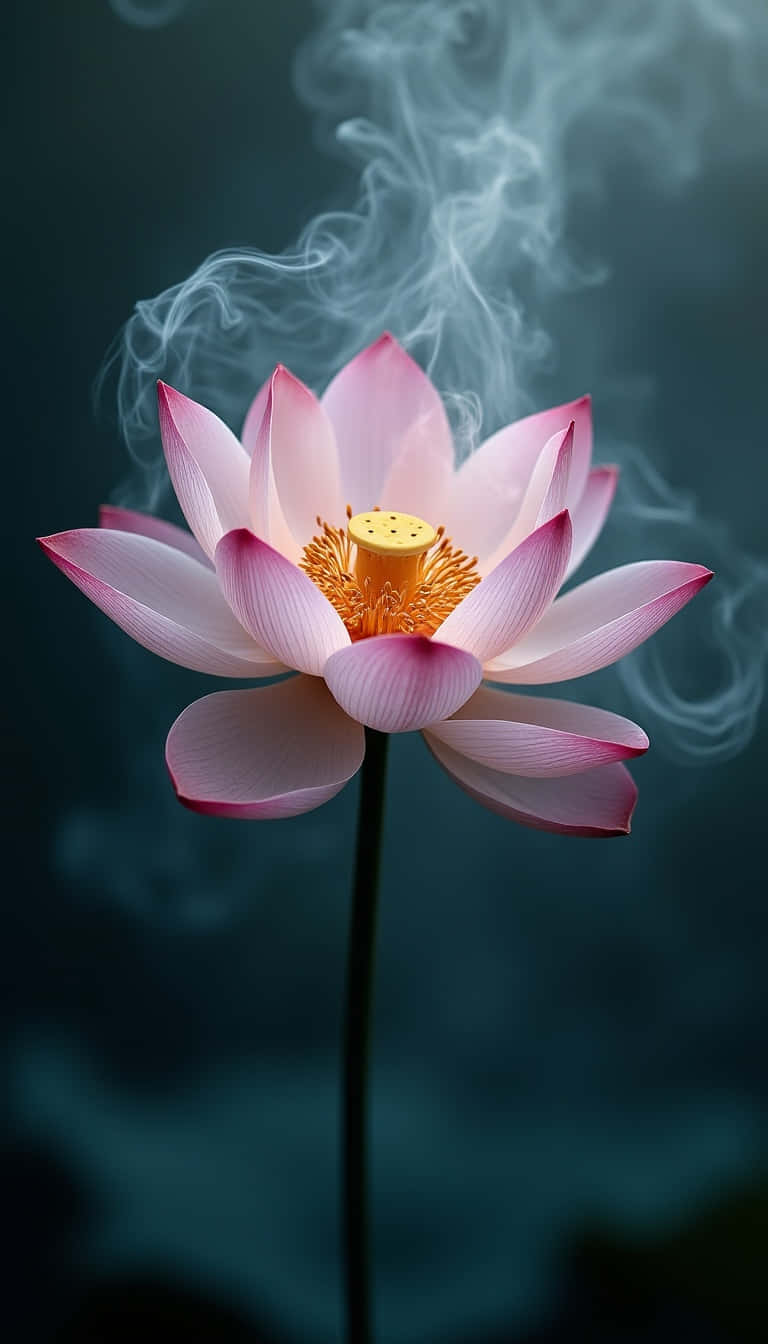 一朵粉紅蓮花，周圍煙霧繚繞，背景為深藍綠色。