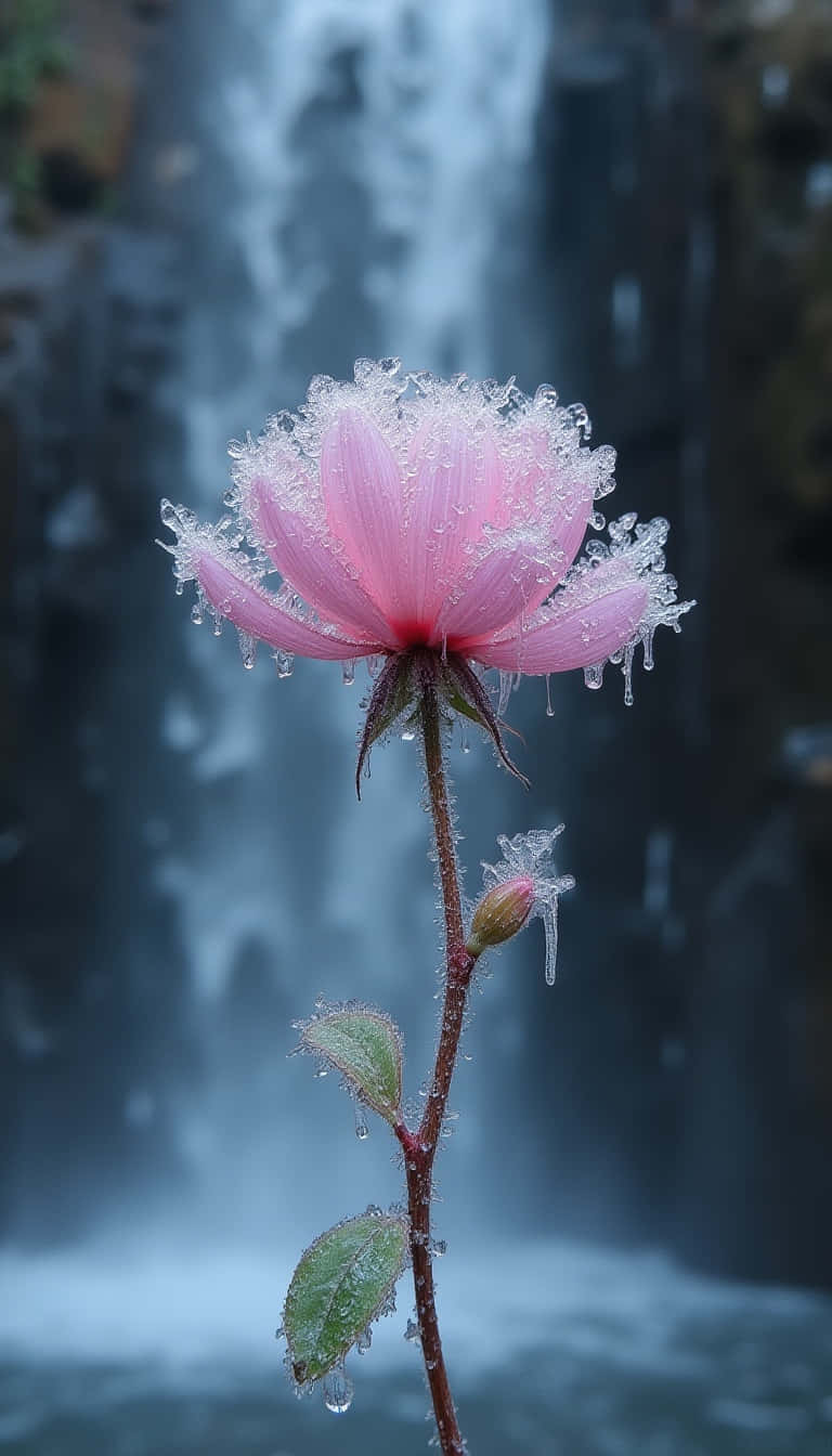 瀑布前的粉紅色花朵，帶有冰晶和水滴。
