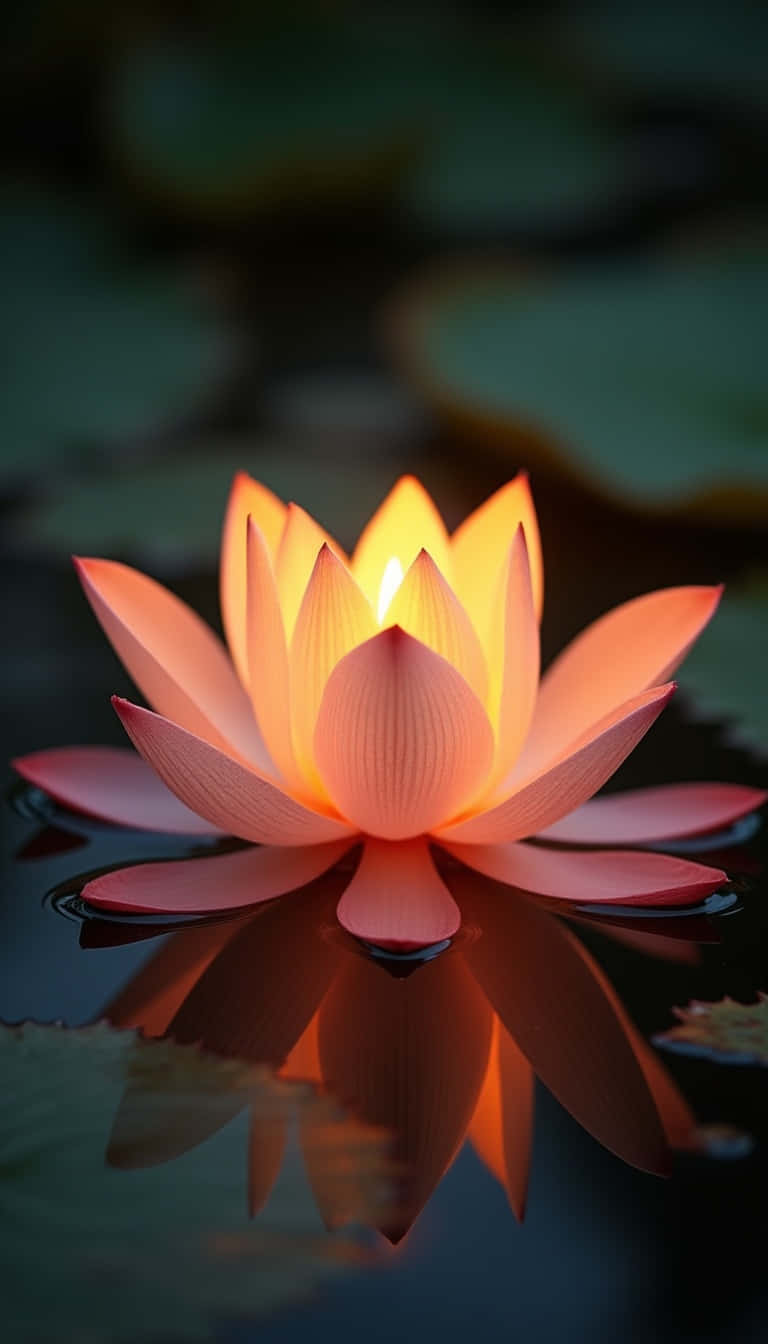 一朵發光的橙色蓮花漂浮在黑暗的水面上，帶有清晰的倒影。