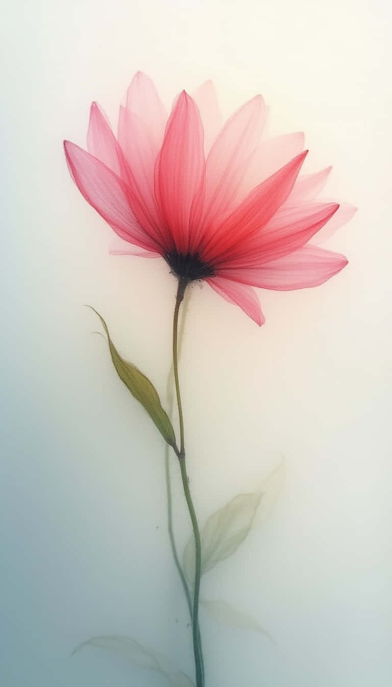 一朵半透明粉紅色花朵，花瓣層層疊疊，長在纖細的莖上，背景是柔和的漸變色。