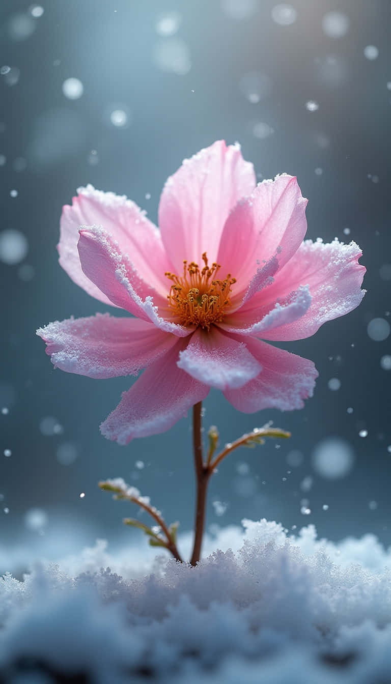 一朵粉紅色花朵，花瓣上有霜，在雪中生長，冬日景象。