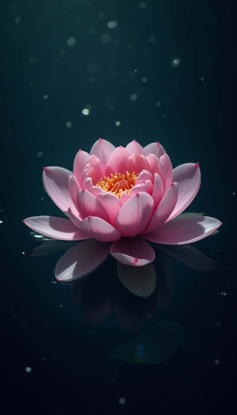粉紅蓮花漂浮在暗色水面上，帶有光粒子和倒影
