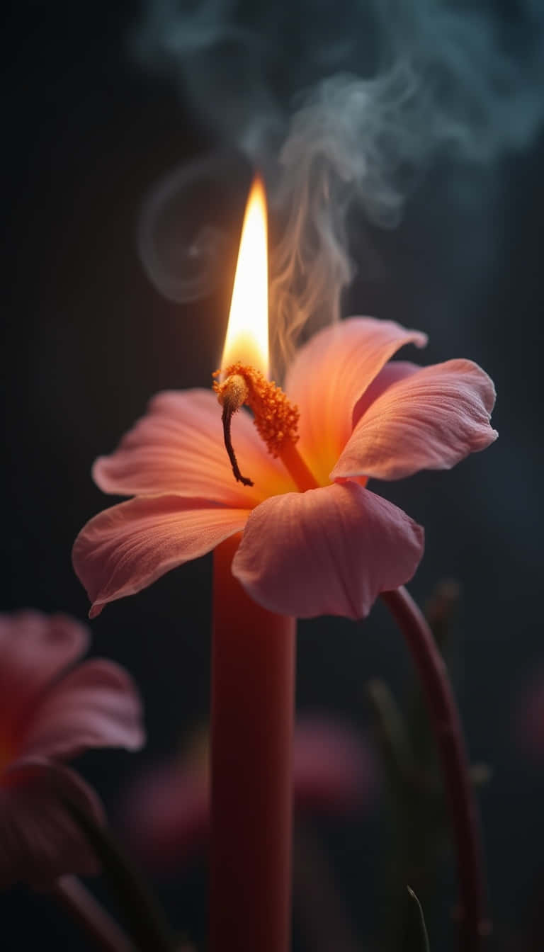一支蠟燭，火焰上方有粉紅色木芙蓉花，在黑暗中散發煙霧。