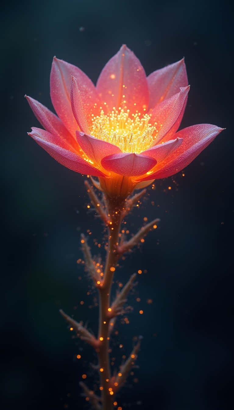 一朵發光的粉紅色蓮花，帶有金色雄蕊和閃亮顆粒，背景黑暗