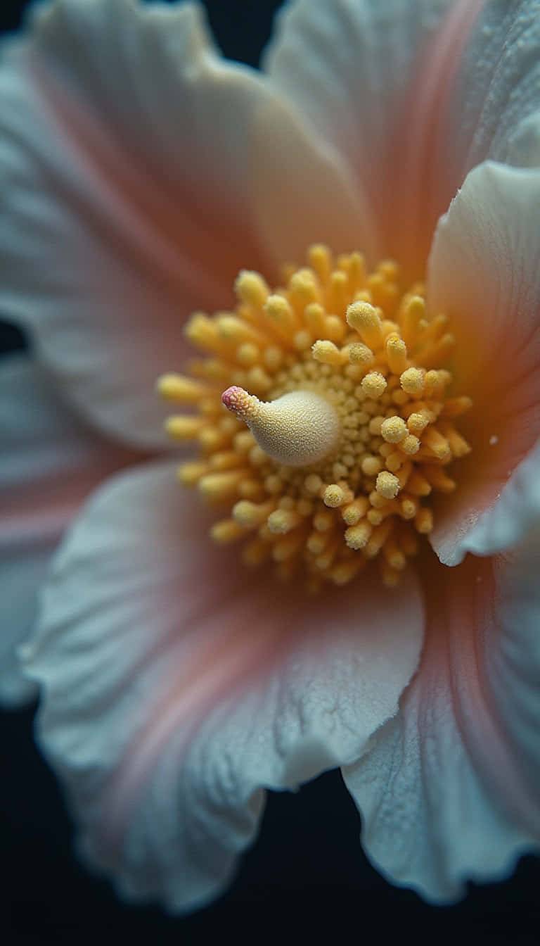 一朵粉白色的木芙蓉花，黃色雄蕊清晰對焦，背景深色。