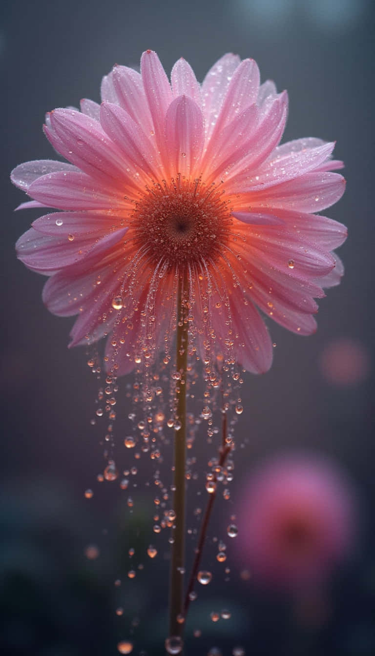 Flower 壁紙 — 一朵精緻的粉紅色非洲菊雛菊，在柔和模糊的背景襯托下，閃爍著沿莖部滴落的水珠。