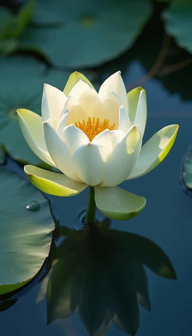 白色蓮花，黃色中心，漂浮在水面上，有荷葉