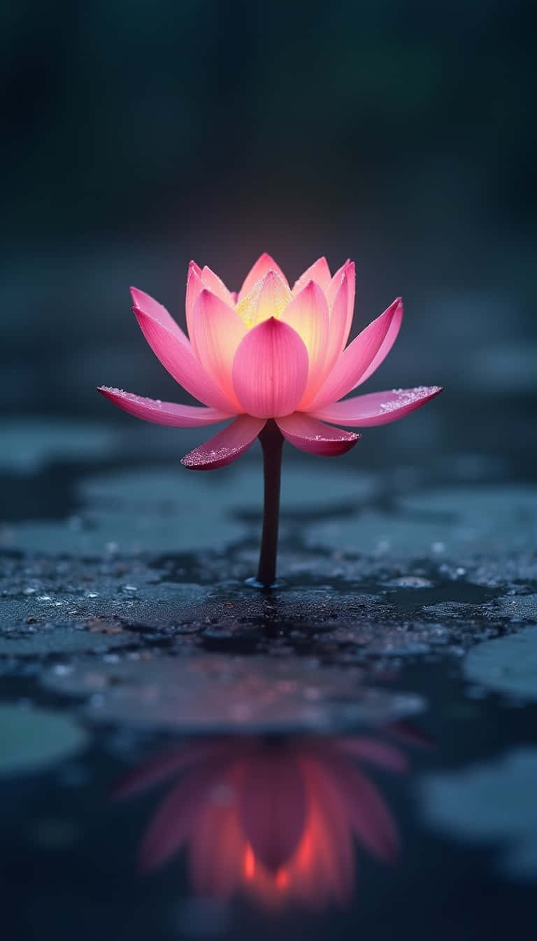 一朵發光的粉紅色蓮花帶有露珠，在黃昏的黑暗水中倒映