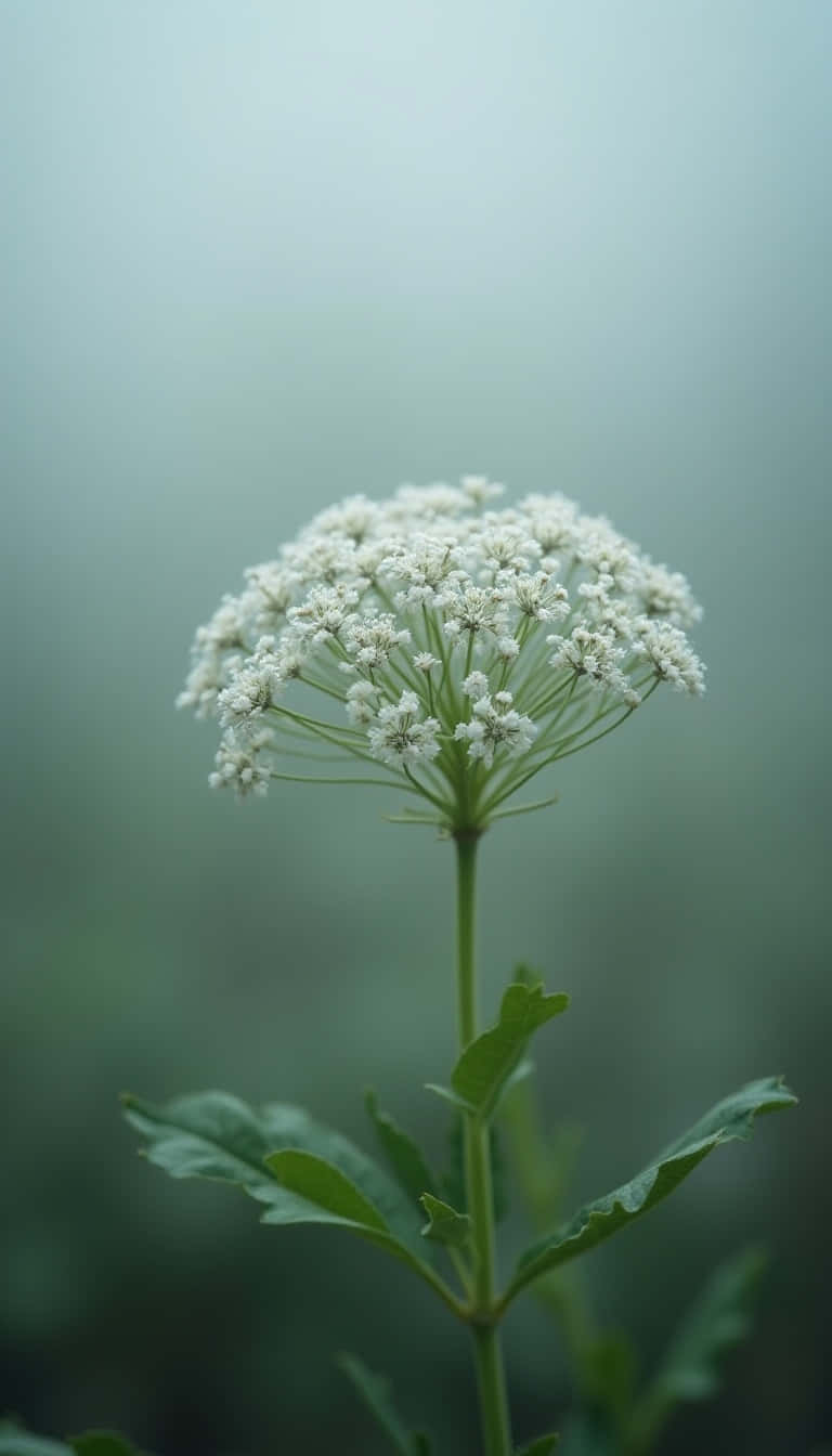 一朵帶有綠葉的白花矗立在迷霧花園中。