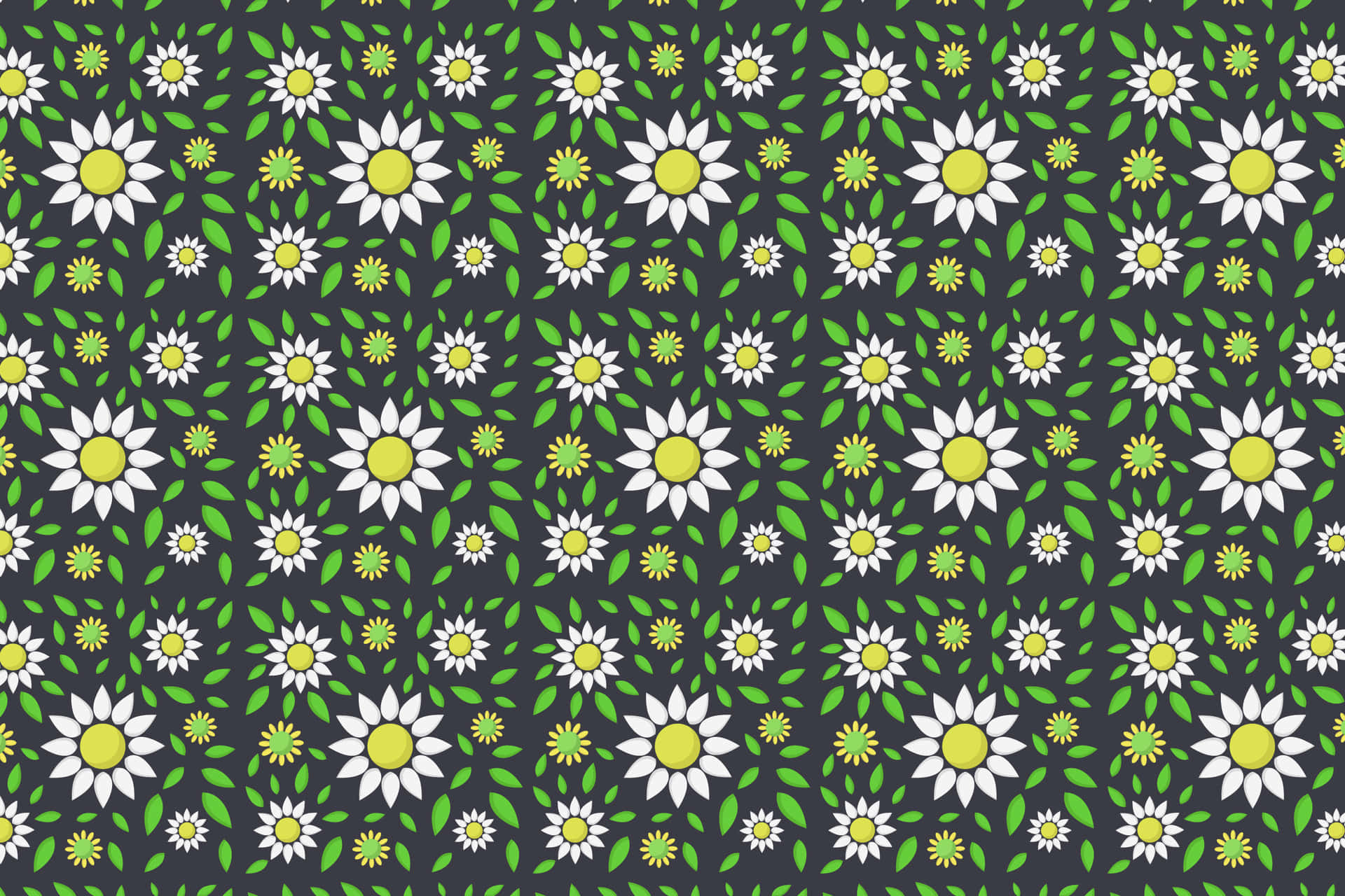 Flower pattern 壁紙 — 在深灰色背景上重複出現的白色雛菊圖案，帶有黃色花心和綠色葉子。