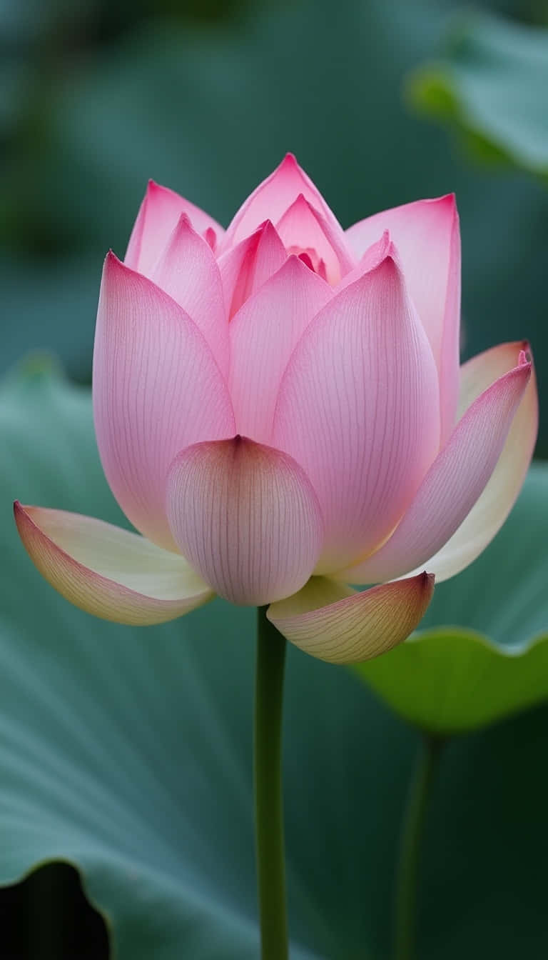 池塘中一朵帶有綠葉的粉紅色蓮花