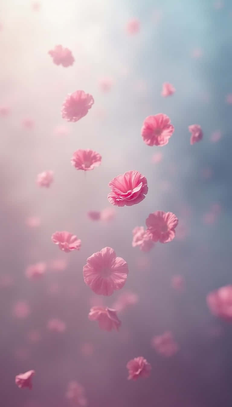 粉紅色花朵在溫暖陽光下柔和發光的天空中飄浮。