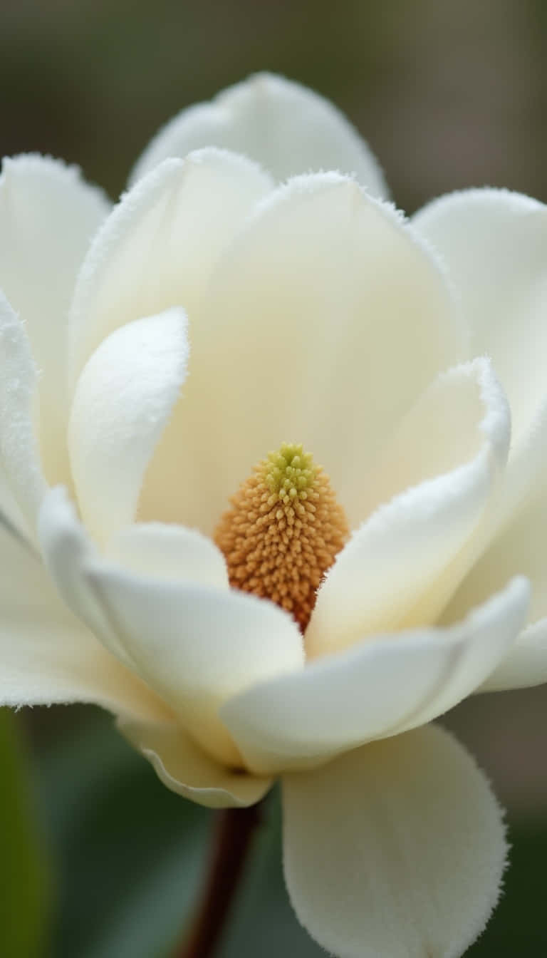 一朵白色木蘭花，花瓣毛絨，金色花蕊質感清晰。