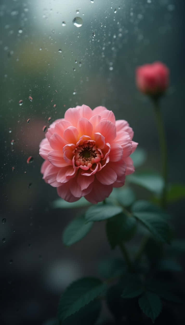 透過被雨水浸濕的窗玻璃看到的粉紅大麗花，背後是模糊的綠色葉子。