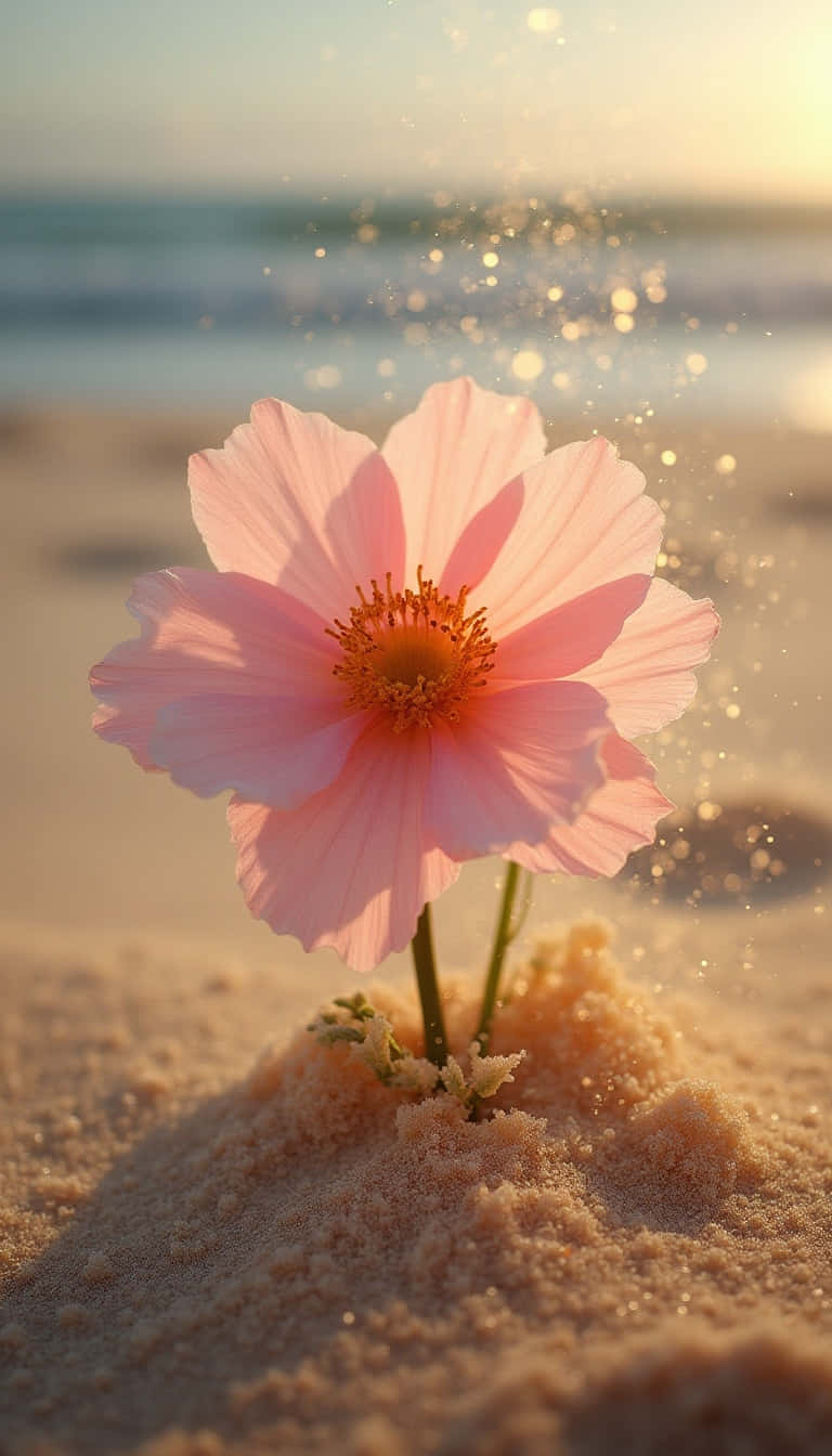 粉紅色波斯菊在沙灘上生長，伴隨著海浪水花和夕陽餘暉