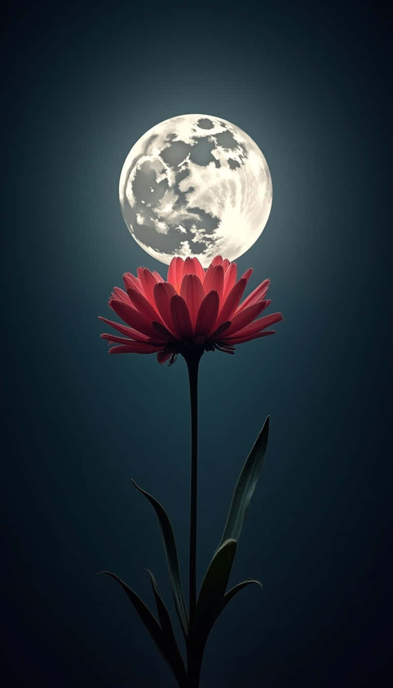 一朵紅花，背後有滿月在黑暗的夜空中閃耀。