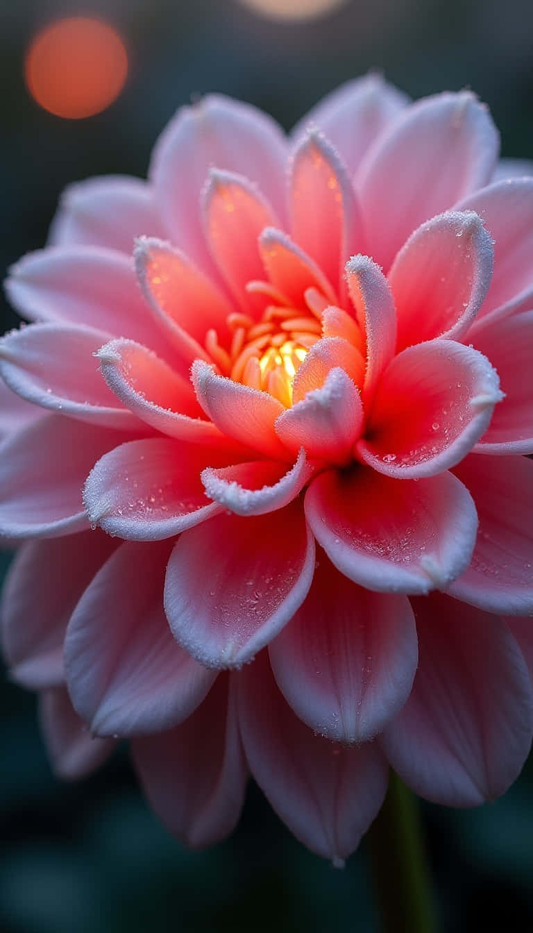粉紅色大理花，中心有露珠在模糊背景下溫暖地閃耀。