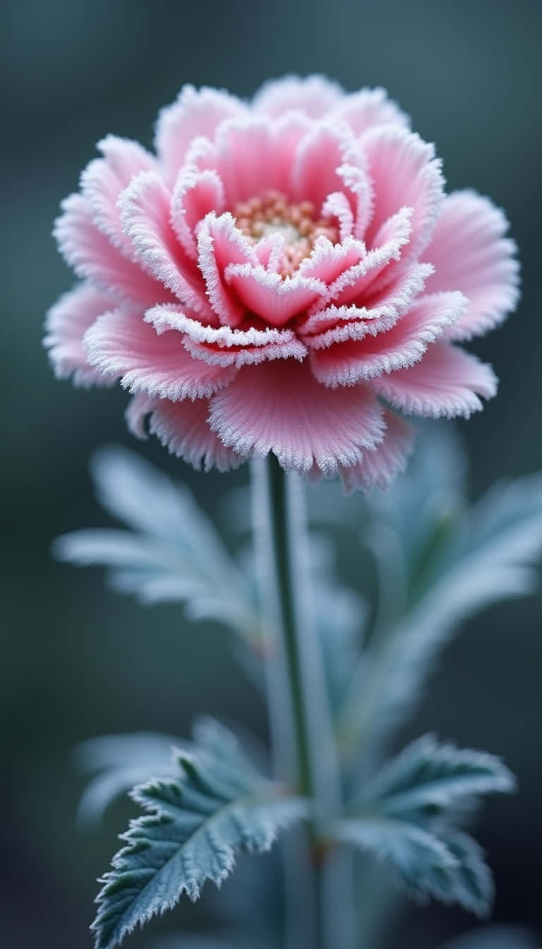 一朵帶有霜白色邊緣的粉紅色花朵，生長在帶有霜白色葉子的莖上