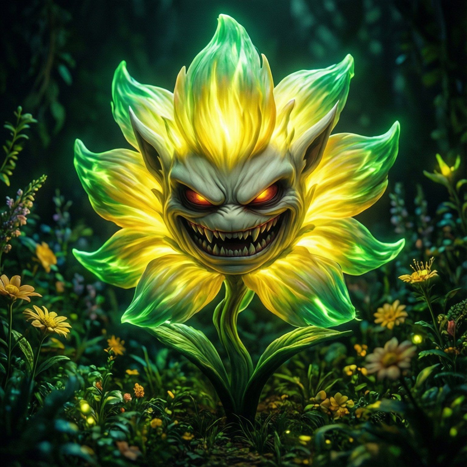 Flowey 的微笑 壁紙 — 一朵帶有發光紅眼和尖銳牙齒的威脅性發光向日葵，矗立在黑暗森林中，周圍環繞著較小的花朵。