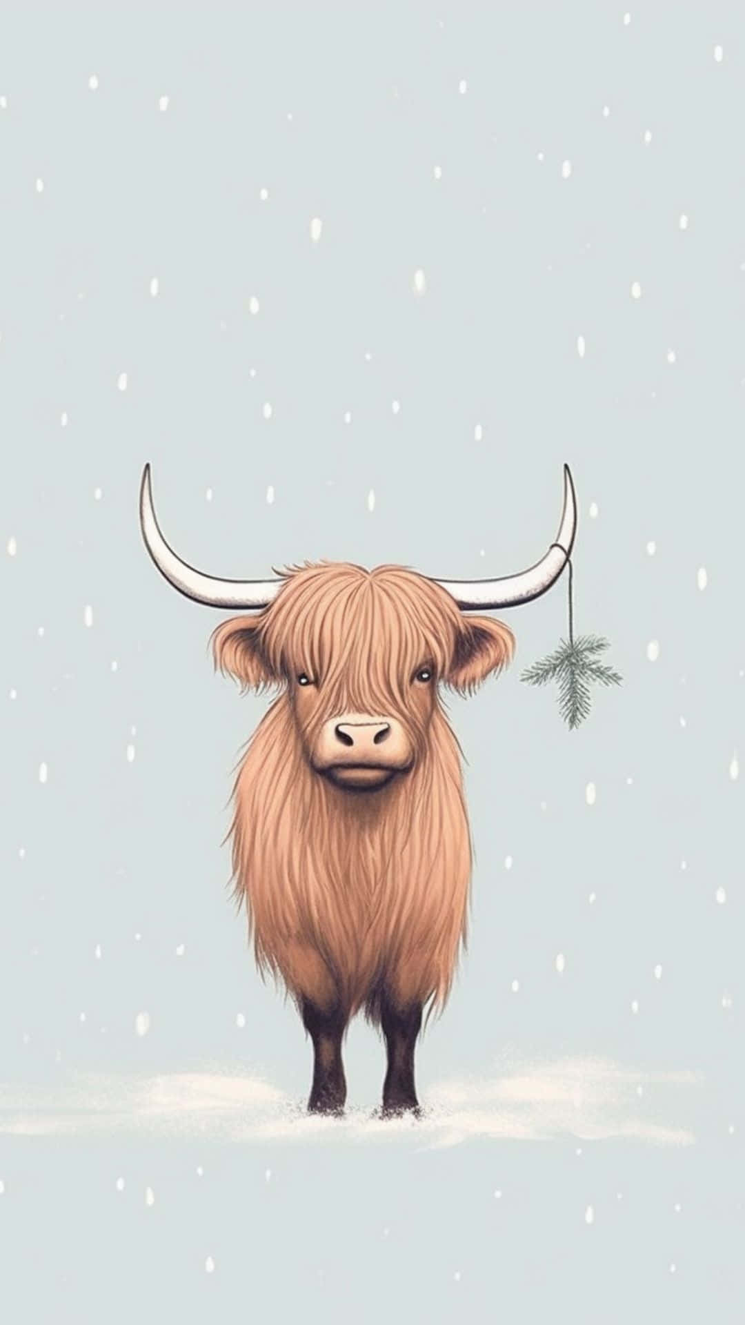  壁紙 — 一頭毛茸茸的棕色高地牛站在雪地上，雪花飄落，角上掛著一根松樹枝。