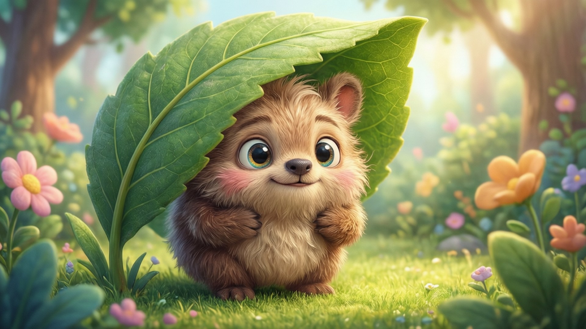 Yeeps: Hide And Seek 桌布 壁紙 — 一隻毛茸茸的卡通動物，有著大眼睛，坐在陽光明媚的草地上，草地上開滿了五顏六色的花朵，牠在一張巨大的葉子下。