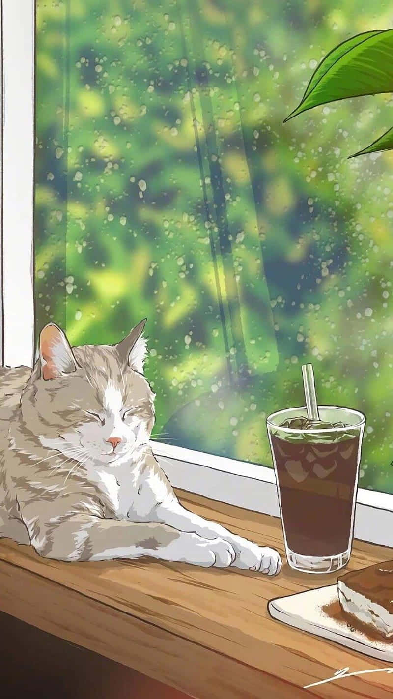  壁紙 — 一隻毛茸茸嘅貓喺木窗台上，喺一杯凍咖啡同一件蛋糕旁邊平靜咁瞓覺，雨點喺窗上劃過。