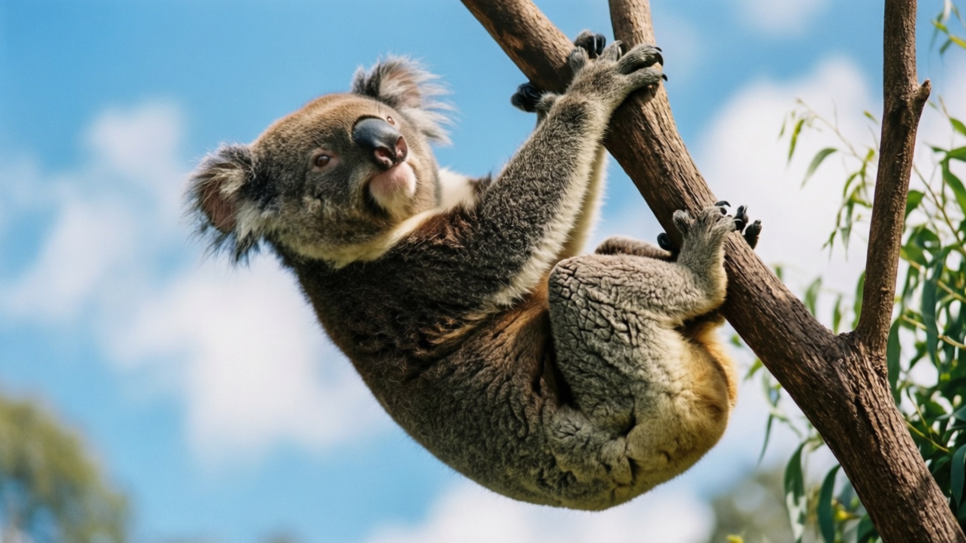Koala 桌布 壁紙 — 一隻毛茸茸的樹熊緊抓著樹枝，背景是明亮的藍天和柔軟的白雲。
