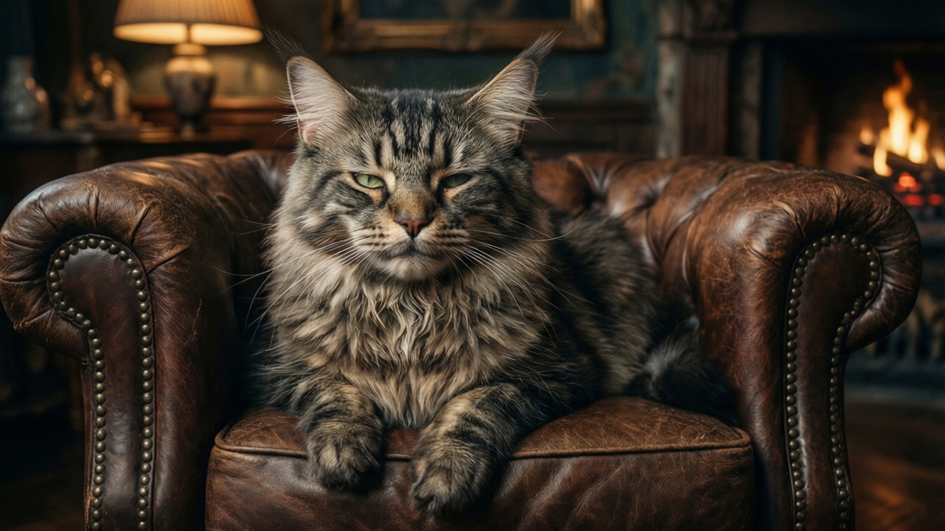 毛茸茸嘅虎斑貓喺壁爐附近嘅棕色皮扶手椅上休息。