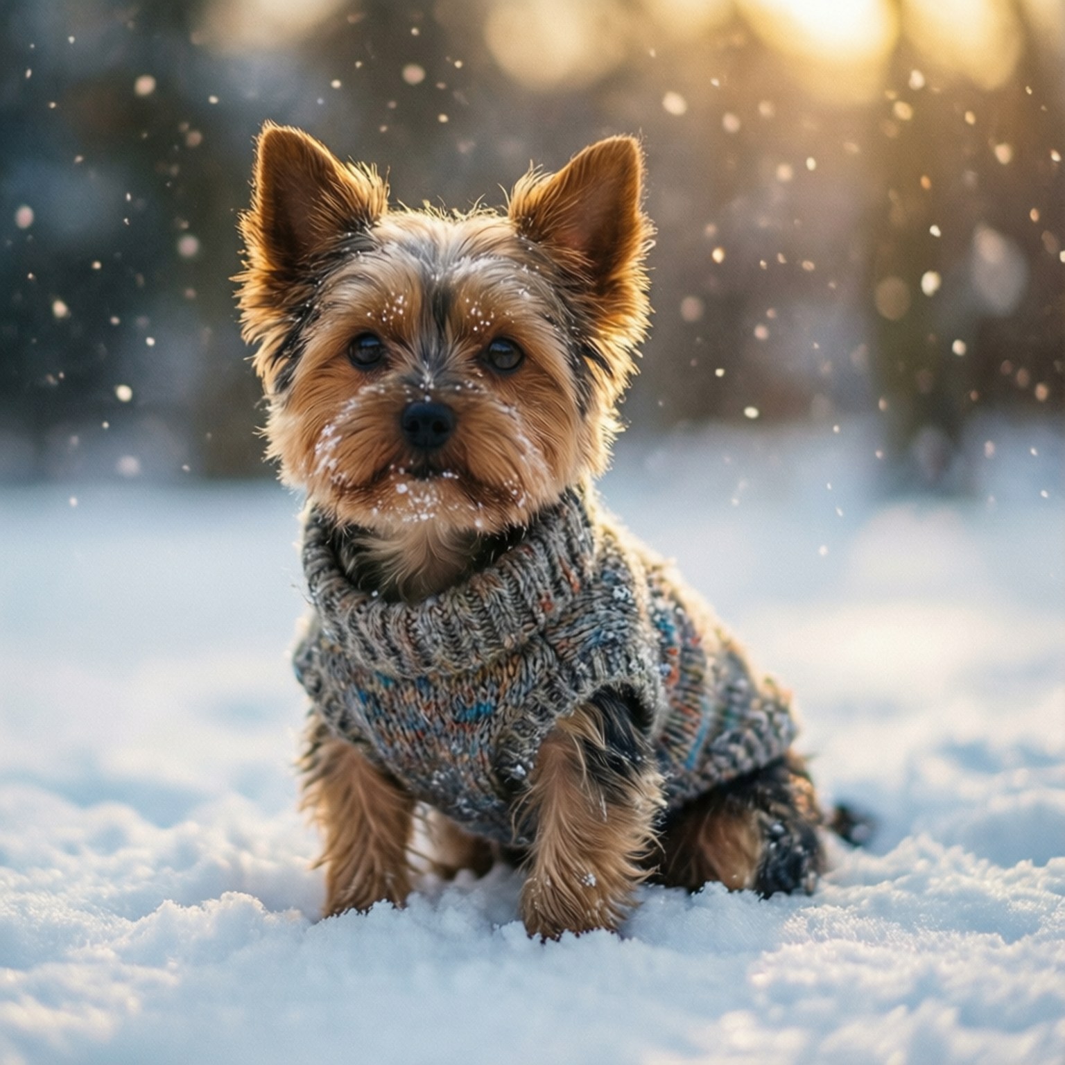 Yorkshire Terrier 桌布 壁紙 — 一隻毛茸茸的約克夏㹴穿著針織毛衣，坐在新雪上，冬日夕陽下溫柔的雪花飄落在周圍。