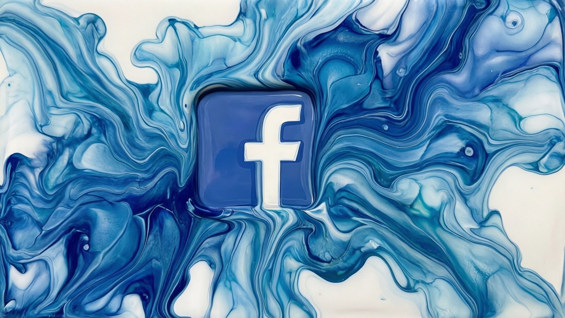 Facebook標誌被旋轉的藍色和白色顏料圖案包圍。