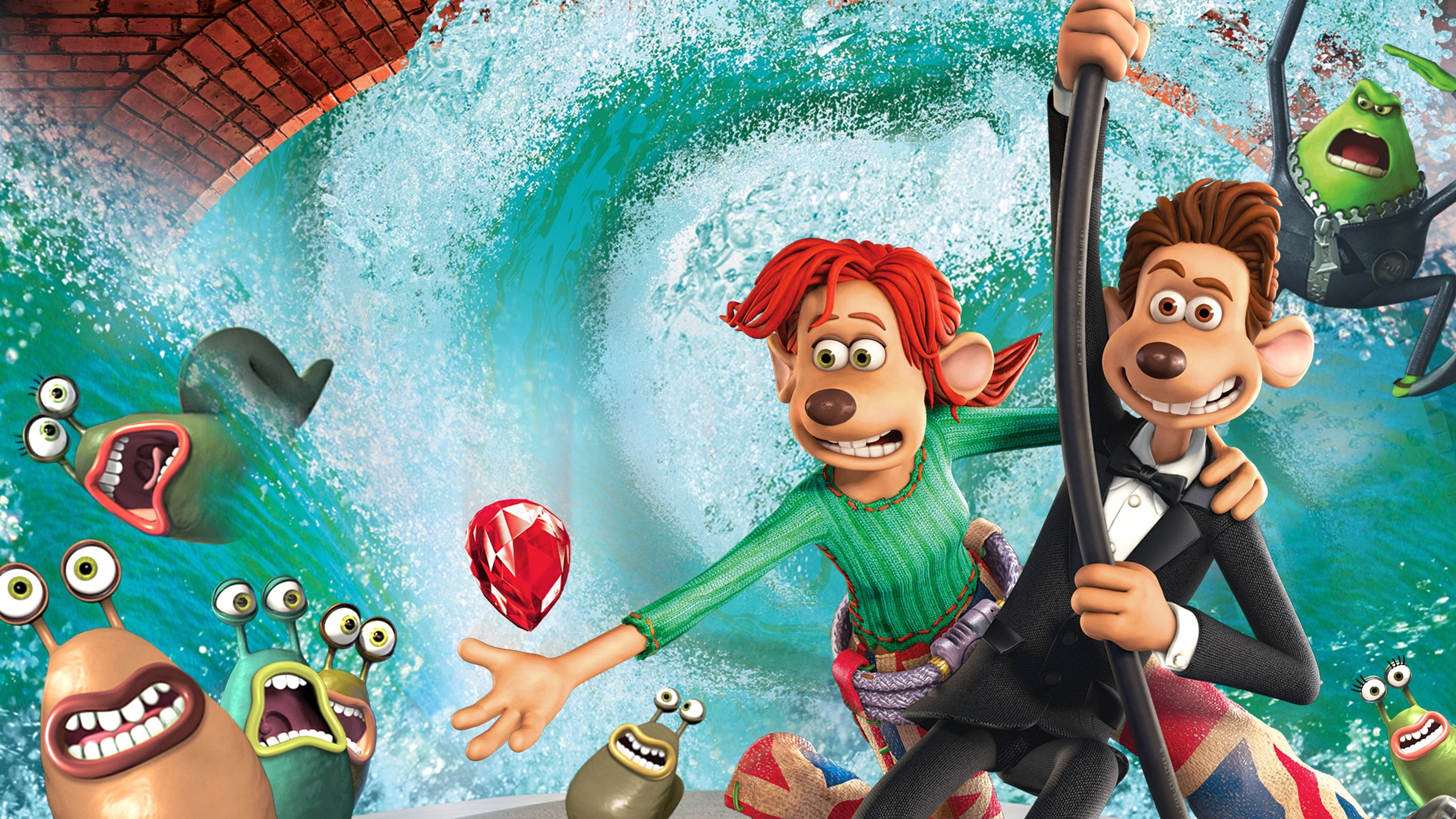 《Flushed Away》羅迪與麗塔搶奪寶石 壁紙 — 兩個動畫角色騎著巨浪，被尖叫的多眼怪物追逐，在充滿活力的卡通場景中。