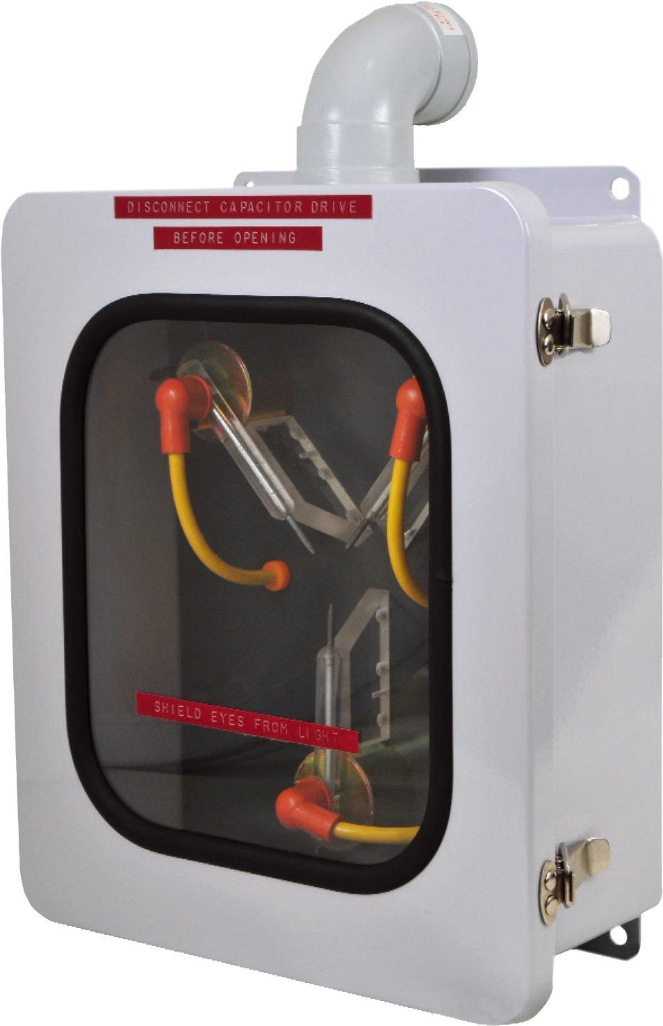 回到未來：_flux capacitor_ 壁紙 — 白色工業電容器外殼，帶有紅色警告標籤和黃色電纜，通過安全玻璃窗可見。