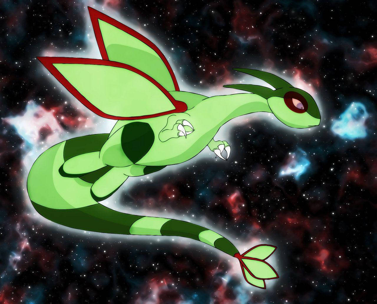 綠色龍小精靈喺有星星嘅彩色宇宙星雲中飛翔。