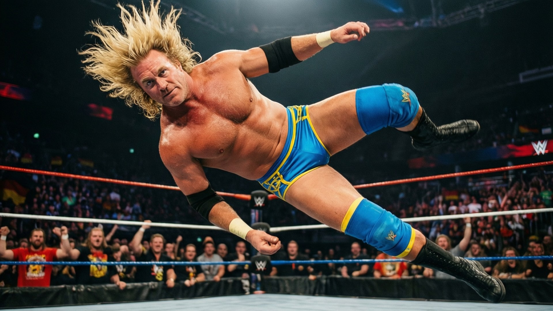 Wrestler mid-air leap in blue trunks over wrestling ring with cheering fans. 壁紙