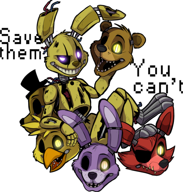 FNAF動畫角色群像 壁紙 — 五個帶有發光眼睛和破損身體的威脅性電子動畫角色在黑色背景前擺姿勢。