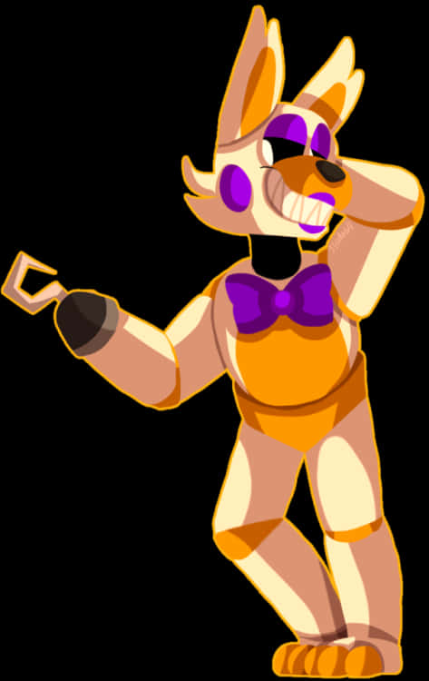 Fnaf 動畫角色 貓頭鷹 壁紙 — 一個卡通狐狸角色，戴著紫色太陽眼鏡和蝴蝶結，在黑色背景前擺出俏皮的姿勢。