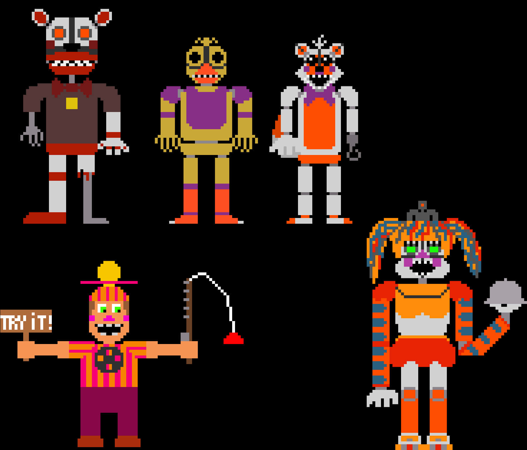 FNAF像素藝術角色 壁紙 — 五個像素藝術的電子動畫角色，帶著威脅的表情，站在黑色背景前。
