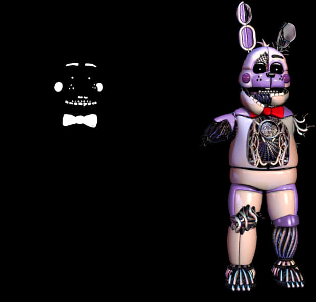 FNAF 奇異的邦妮機械人 壁紙 — 一隻帶有紅色蝴蝶結和破碎面孔的威脅性紫色電子兔站在黑色背景前，旁邊有一個白色幽靈面孔。