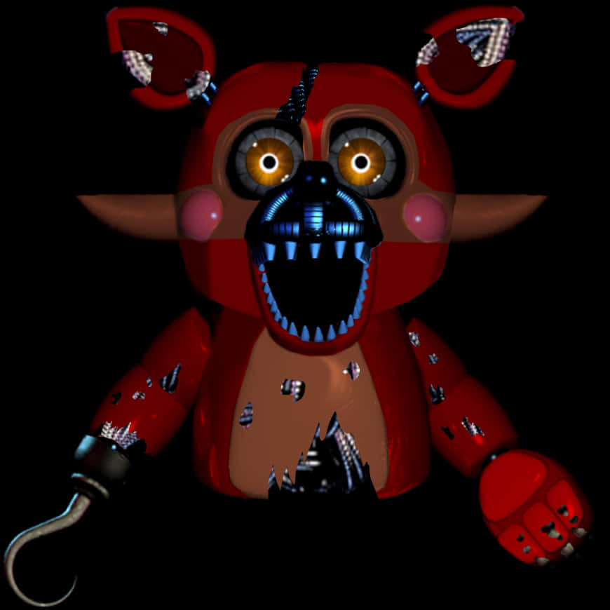 FNAF 夢魘福克斯3D渲染 壁紙 — 一隻帶有發光眼睛和破損金屬嘴巴的威脅性紅色機械熊，背景為黑色。