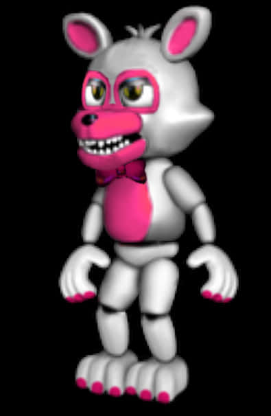 FNAF粉紅動態人偶角色 壁紙 — 一隻帶有鋒利牙齒和發光眼睛的威脅性粉紅色和銀色電子動畫兔子站在黑色背景前。
