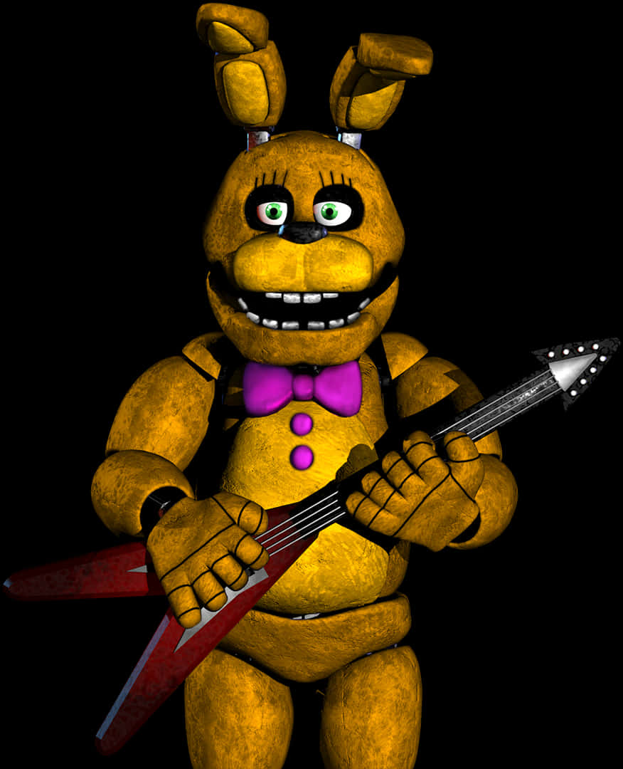 FNAF 金色弗雷迪持吉他 壁紙 — 一隻黃色電子兔，綠色眼睛，紫色蝴蝶結，手持紅色電結他，背景為黑色。